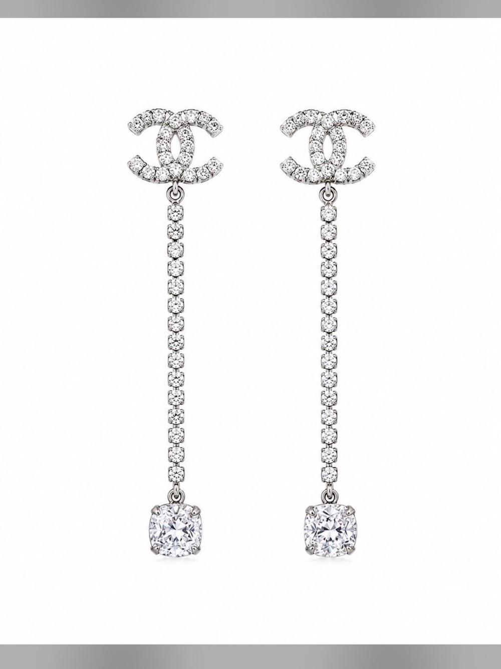 CHANEL Silver Crystal CC Drop Statement Earrings
